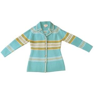 Vintage 60s Aqua Blue Striped Acrylic Striped Sm Cardigan Sweater Silver Buttons